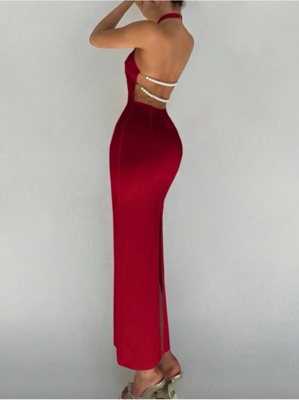 Red Pearl-Back Halter Evening Dress
